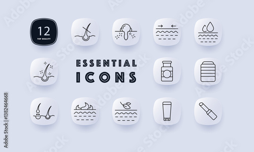 Skincare and beauty set icon. Hair root, acne skin, layer motion, moisture layer, sparkle follicle, regrowth strand, burning skin, leaf touch, cosmetic tube, lipstick