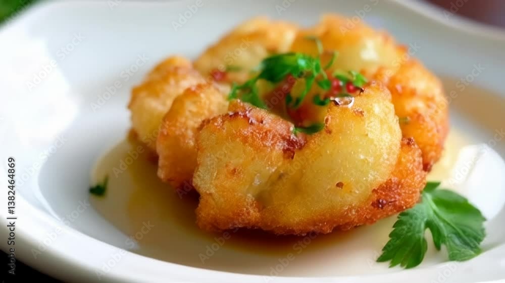 Serving Golden Fried Potatoes Garnished with Herbs on White Plate Serving Golden Fried Potatoes Garnished with Herbs on White Plate