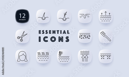 Hair and scalp health set icon. Hair follicle, strand growth, clogged pore, lifting skin, scissors, acne skin, toothbrush, female head, lifting arrows, temperature scalp, soft layer, open pores