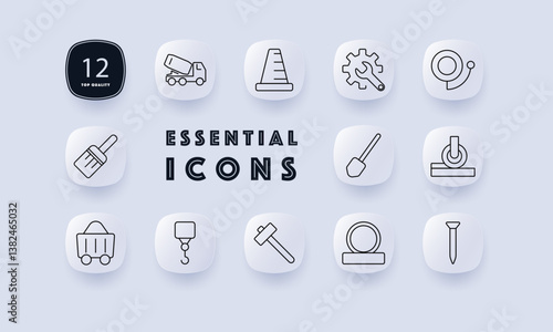 Construction and tools set icon. Cement truck, traffic cone, gear wrench, adhesive tape, paintbrush, spade, roller, pulley, cart, hook, hammer, coil, nail.