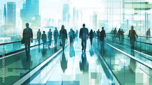 A futuristic cityscape with silhouettes of people walking through a modern environment.