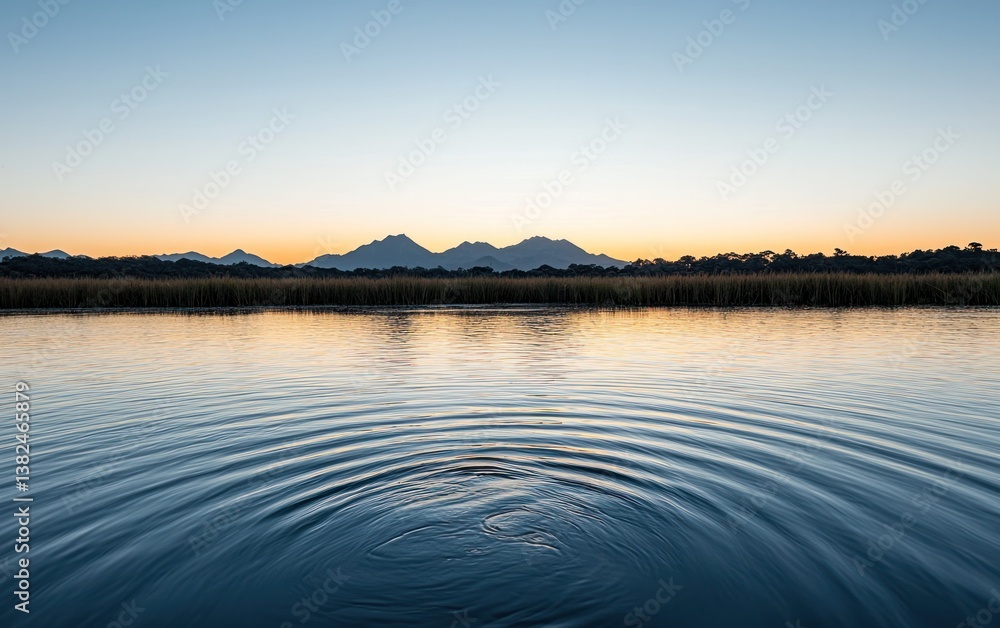 Obraz premium Sunset Reflection on Calm Water with Distant