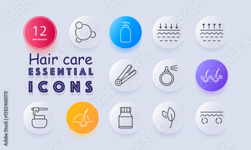 Hair care set icon. Includes shampoo bottle, spray, straightener, scalp, strand, roots, moisture levels, cream jar, capsule, leaf, bulbous follicles, product application visuals.