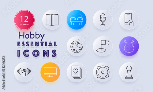 Hobby set icon. Displays book, podcast mic, mobile, artist palette, flag, headphones, weightlifting, monitor, playing cards, speaker, pawn, and group activities table.