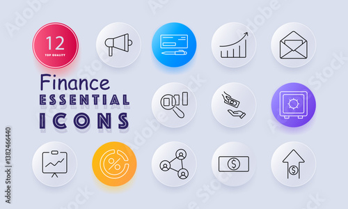 Finance set icon. Includes megaphone, check, chart, envelope, search, cash, vault, board, pie, network, dollar bill, upward arrow