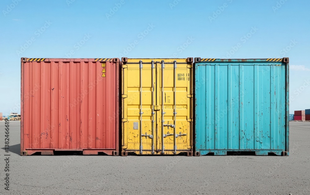 Fototapeta premium Three Weathered Cargo Containers Under a Blue Sky