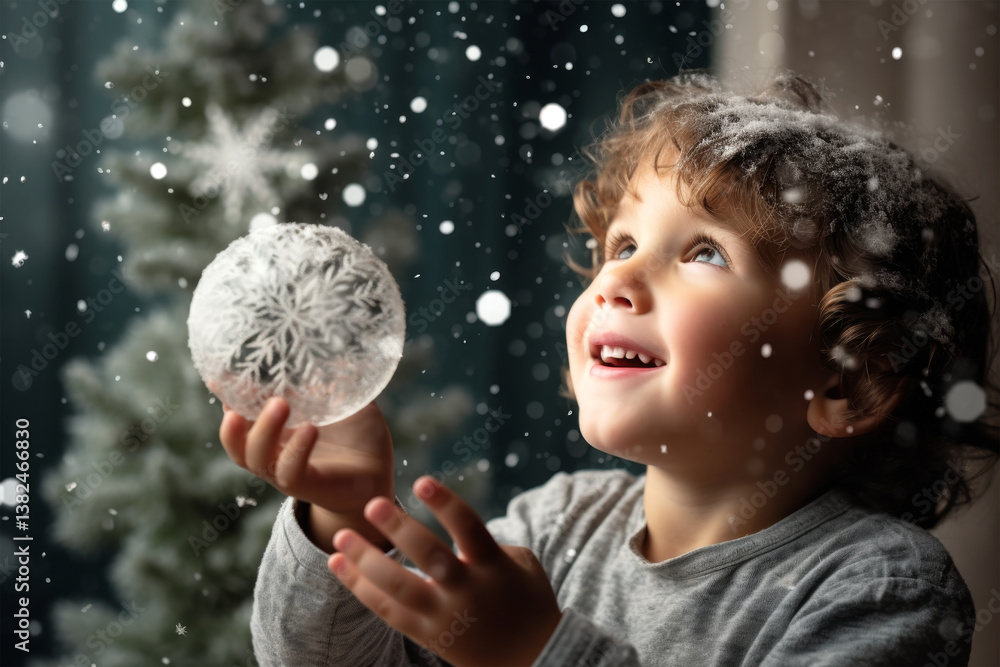 Naklejka premium happy child with ball in snowfall for christmas 
