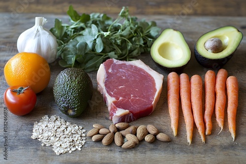 Various healthy foods including meat vegetables fruits nuts and seeds on wood.