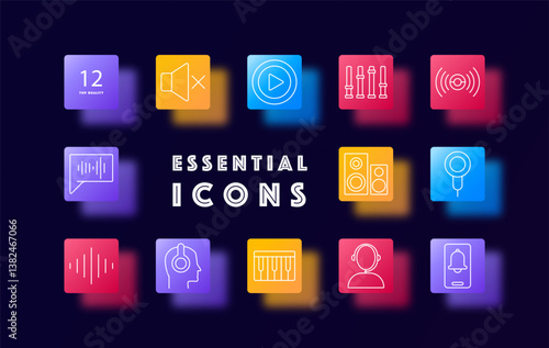 Audio control set icon. Icons on colorful squares showing headphones, microphones, speakers, equalizers, notifications, and playback tools for sound, music, and voice interface applications
