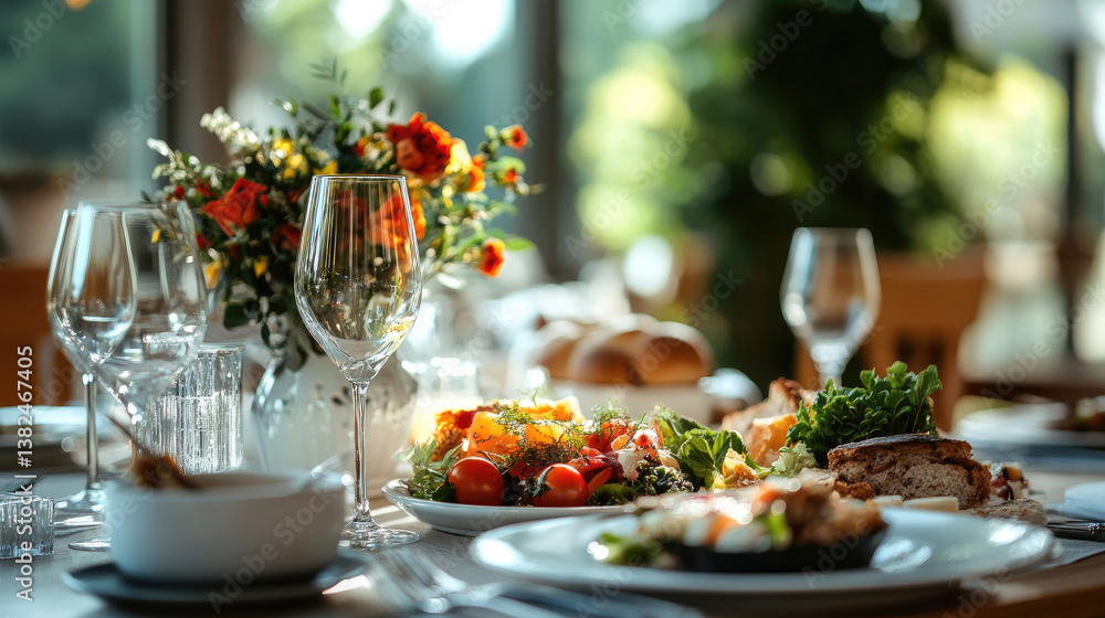Vibrant gourmet breakfast setup with assorted dishes, salads, fresh vegetables, rustic tableware, and floral centerpiece in a sunlit restaurant. Healthy food and casual brunch lifestyle concept Vibrant gourmet breakfast setup with assorted dishes, salads, fresh vegetables, rustic tableware, and floral centerpiece in a sunlit restaurant. Healthy food and casual brunch lifestyle concept