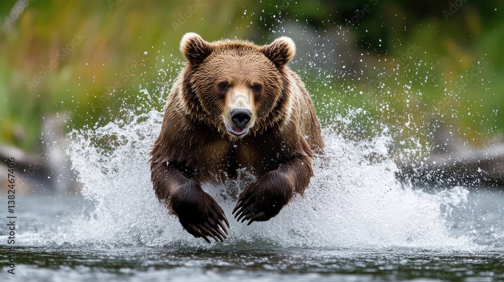A brown bear dashing through a river, mid-splash A brown bear dashing through a river, mid-splash