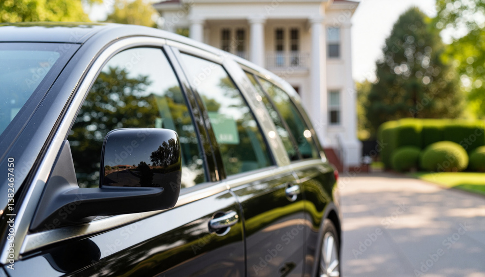 Fototapeta premium Sleek hearse parked outside a funeral home, honoring remembrance