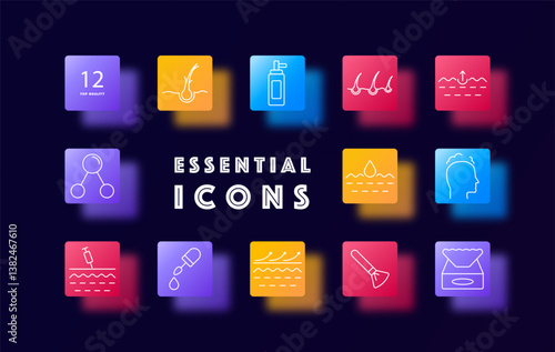 Haircare and scalp set icon. Outlines include follicle structure, scalp layers, product containers, applicators, head profile, moisture droplet, and exfoliation visuals on gradients
