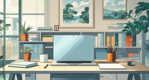 Clean minimalist office with a laptop and notepad on desk anime cartoon style illustration artwork design background