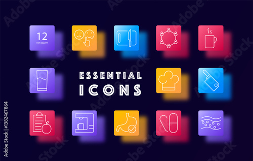 Food and health set icon. Shows cutting board, chef hat, stomach, food list, water glass, capsules, network, coffee cup, and face icons arranged on colored backgrounds.