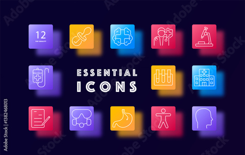 Medical and hospital set icon. Shows pacifier, brain, test tubes, microscope, doctor, IV bag, hospital building, protective mask, document, stomach, full-body symbol, and head.