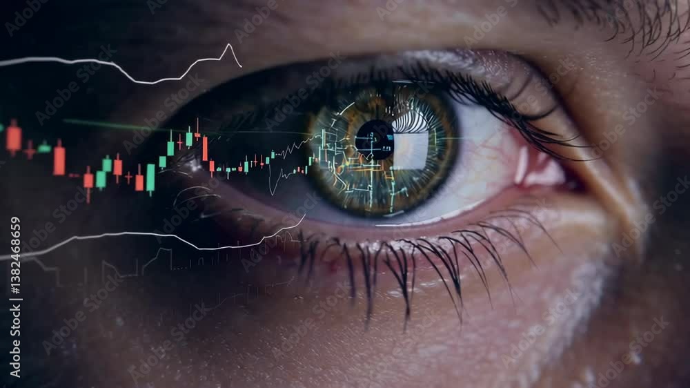 Trader analyzing stock market charts reflected in eye