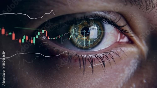 Trader analyzing stock market charts reflected in eye