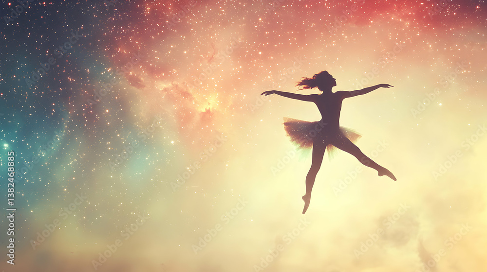 Ballerina Silhouette Leaping Amidst a Starry Night Sky Ballerina Silhouette Leaping Amidst a Starry Night Sky