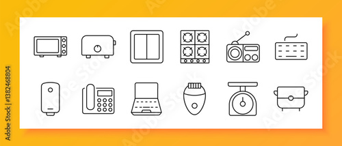 Home and appliance set icon. Includes microwave, toaster, switch, burner, radio, keyboard, water heater, telephone, laptop, epilator, kitchen scale, cooking pot in outline