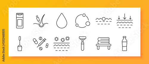 Personal care and hygiene set icon. Includes deodorant, syringe, droplet, molecule ring, skin layers, arrows, dropper, pills, sun, razor, towel bench, bottle in simple line