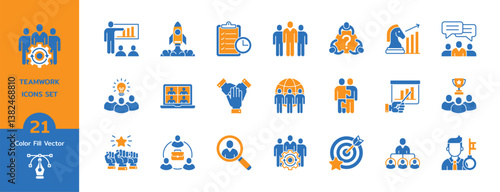 Teamwork two tone icon set. Business teamwork, team building, work group and human resources minimal duo tone icon set. Simple vector illustration.