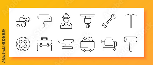 Construction set icon. Outline icons of forklift, roller, worker, crane hook, wrench, pickaxe, gear, briefcase, anvil, mining cart, cement mixer, mallet with minimal line style