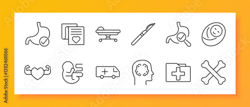 Surgery and pediatrics set icon. Minimal icons of stomach, document, stretcher, scalpel, newborn, biceps, fetus, ambulance, brain, medical file, bones in thin linear design