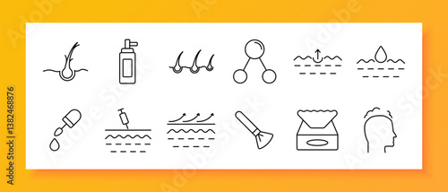 Hair growth and scalp care set icon. Outline icons of hair roots, bottle, molecule, hydration, dropper, injector, brush, tissue, head with strands in clean minimal style.