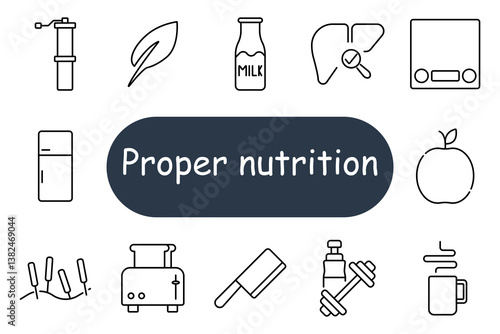 Proper nutrition set icon. Thin-line drawings of bottle, liver, apple, milk, toaster, refrigerator, kitchen scale, chopping tool, leaf, exercise weight, tea mug, microbe