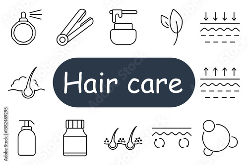 Hair care set icon. Spray, straightener, cream jar, leaf, volume, density, dispenser, container, roots, dandruff, restoration, softness, care, scalp, hydration.
