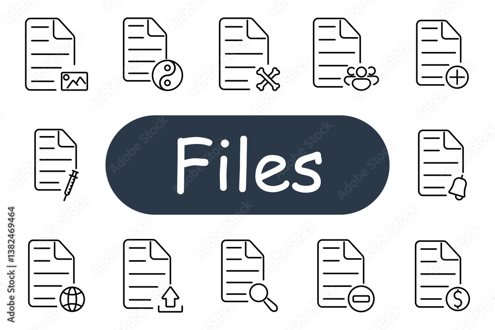 Files set icon. Document, image, symbol, bones, group, add, vaccine, world, upload, search, delete, finance, bell, archive, medicine, update. Files set icon. Document, image, symbol, bones, group, add, vaccine, world, upload, search, delete, finance, bell, archive, medicine, update.