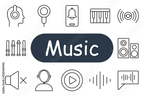 Music set icon. Headphones, earbud, ringtone, keyboard, soundwave, speaker, mute, support, play, equalizer, waveform, lyrics, audio, melody, listening, device.