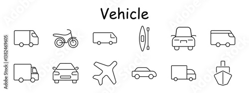 Vehicle set icon. Van, motorcycle, kayak, car, truck, plane, boat, transport, delivery, ride, automotive, journey, navigation, marine, travel.