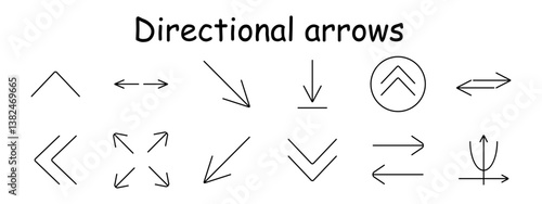 Directional arrows set icon. Top arrow, backward, diagonal, forward, circle, curve, navigation, rotate, expand, turn, scroll, pointer, transition.