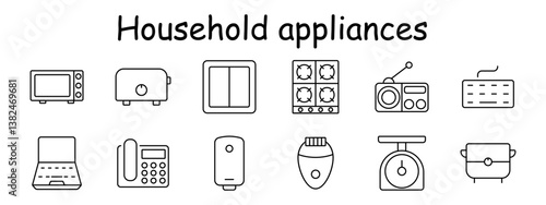 Household appliances set icon. Microwave, toaster, switch, stove top, radio, keyboard, laptop, calculator, boiler, epilator, scale, cooker, smart tech.
