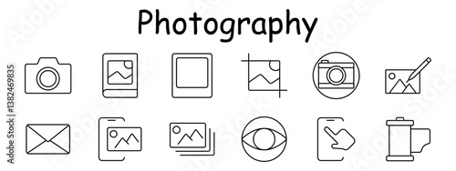 Photography set icon. Camera, album, slide, crop, photo lens, image edit, envelope, photo folder, gallery, eye, swipe, film. Visual content, image storage, editing, analog media