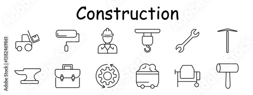 Construction set icon. Loader, roller, builder, crane hook, wrench, pickaxe, anvil, toolbox, gear cycle, cart, mixer, mallet. Engineering, site tools, labor, mechanical operation.