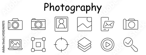 Photography set icon. Camera, portrait, photo frame, mobile message, gallery, laptop view, resize tool, focus target, layers, play button, search. Photo content, design, editing process