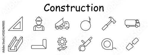 Construction set icon. Ruler, builder, dump truck, wrecking ball, hammer, tanker, steel beam, angle, gear hand, cutter, tape, trowel. Architecture, demolition, engineering, planning, site work
