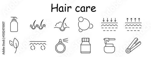 Hair care set icon. Shampoo bottle, irritation, dandruff, molecule, skin absorption, renewal, leaf, mist, vitamin jar, cream, iron. Organic products, relief, hair styling.