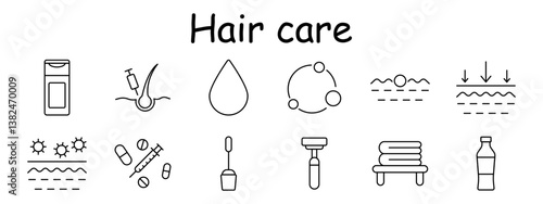 Hair care set icon. Follicle, curl, foam, scalp tension, comb, growth rate, shield, DNA, coin, drop, bottle. Hair protection, strengthening, styling routine.