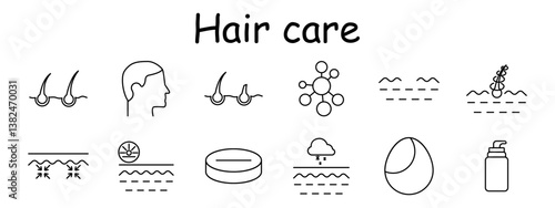 Hair care set icon. Roots, head, hairline, molecular formula, dryness, curl, tension, sun, cold, balm, bottle, product. Scalp balance, moisture, protection.