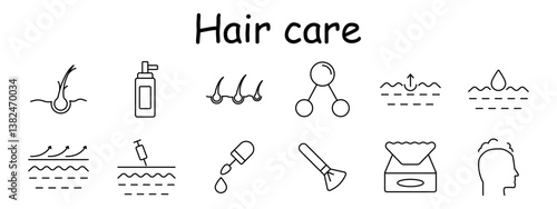 Hair care set icon. Follicle, serum, spray bottle, molecular compound, scalp hydration, follicles group, ampoule, dropper, brush, tissues, head. Hair growth, moisture, treatment, routine.
