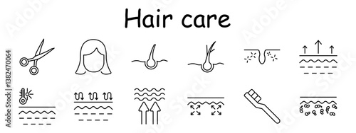 Hair care set icon. Scissors, woman, follicle, root, healing, scalp airflow, temperature, heat, direction, toothbrush, flakes. Hair cutting, hygiene, regulation, scalp condition.