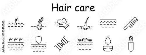 Hair care set icon. Scissors, woman, follicle, root, healing, scalp airflow, temperature, heat, direction, toothbrush, flakes. Hair cutting, hygiene, regulation, scalp condition.