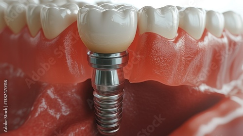 realistic visualization highlighting dental implant in a human jaw showcasing the crown abutment and screw for educational purpose