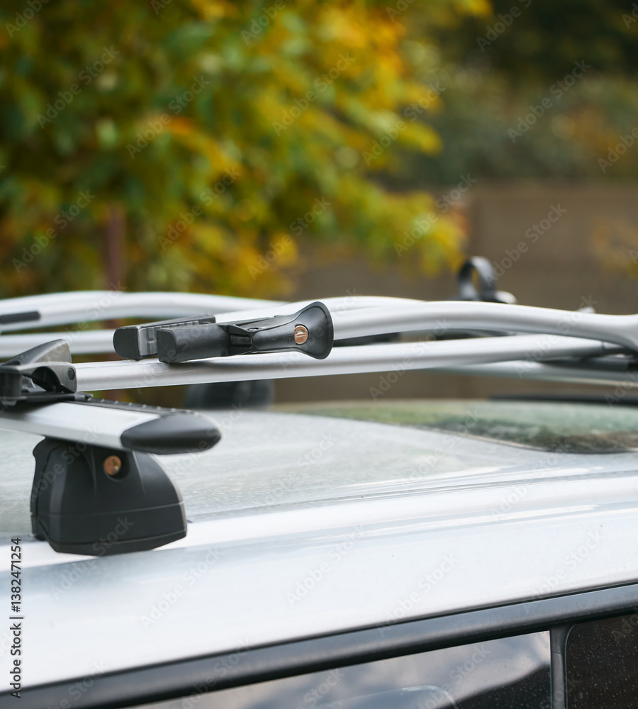 Bike rack on car roof prepared for autumn travel
