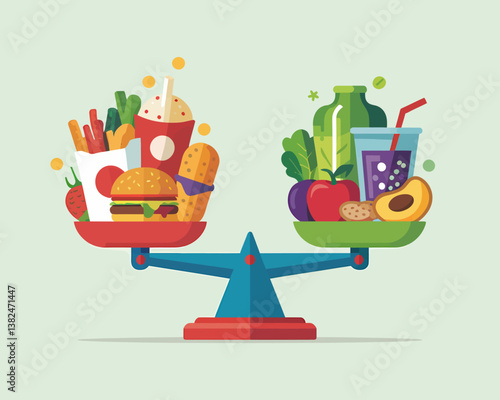 Healthy versus unhealthy food choice balance on scales, diet decision and nutrition concept