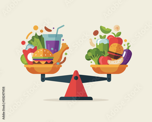 Healthy versus Unhealthy Food: Balance on Scale, Diet Choice, Nutrition Comparison, Vector Illustration